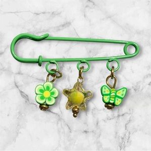 Green Safety Pin with Charms
